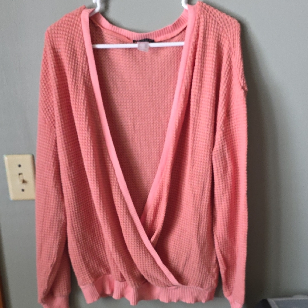 VENUS Coral Pink Waffle Knit Wrap-Front Cardigan
